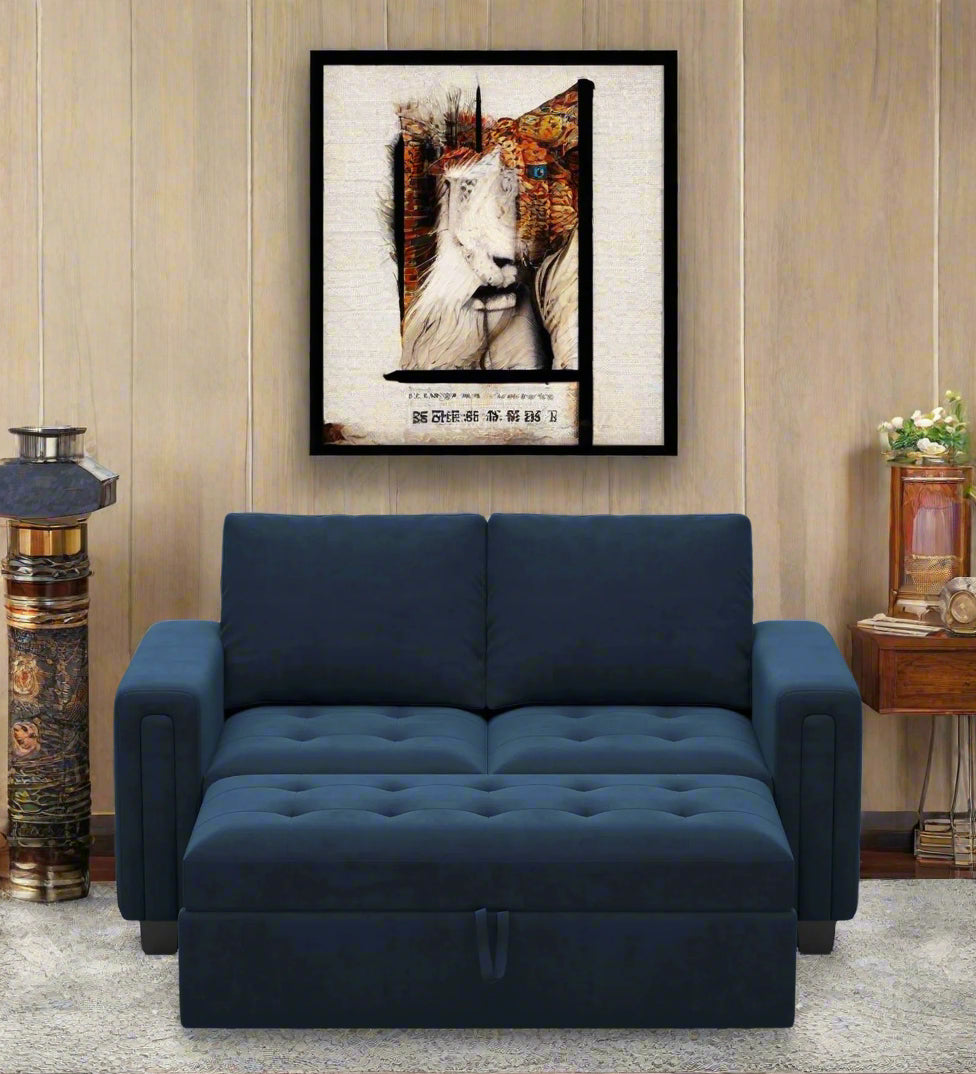 Miro Velvet 2 Seater Pull Out Sofa Cum Bed In Indigo Blue Colour