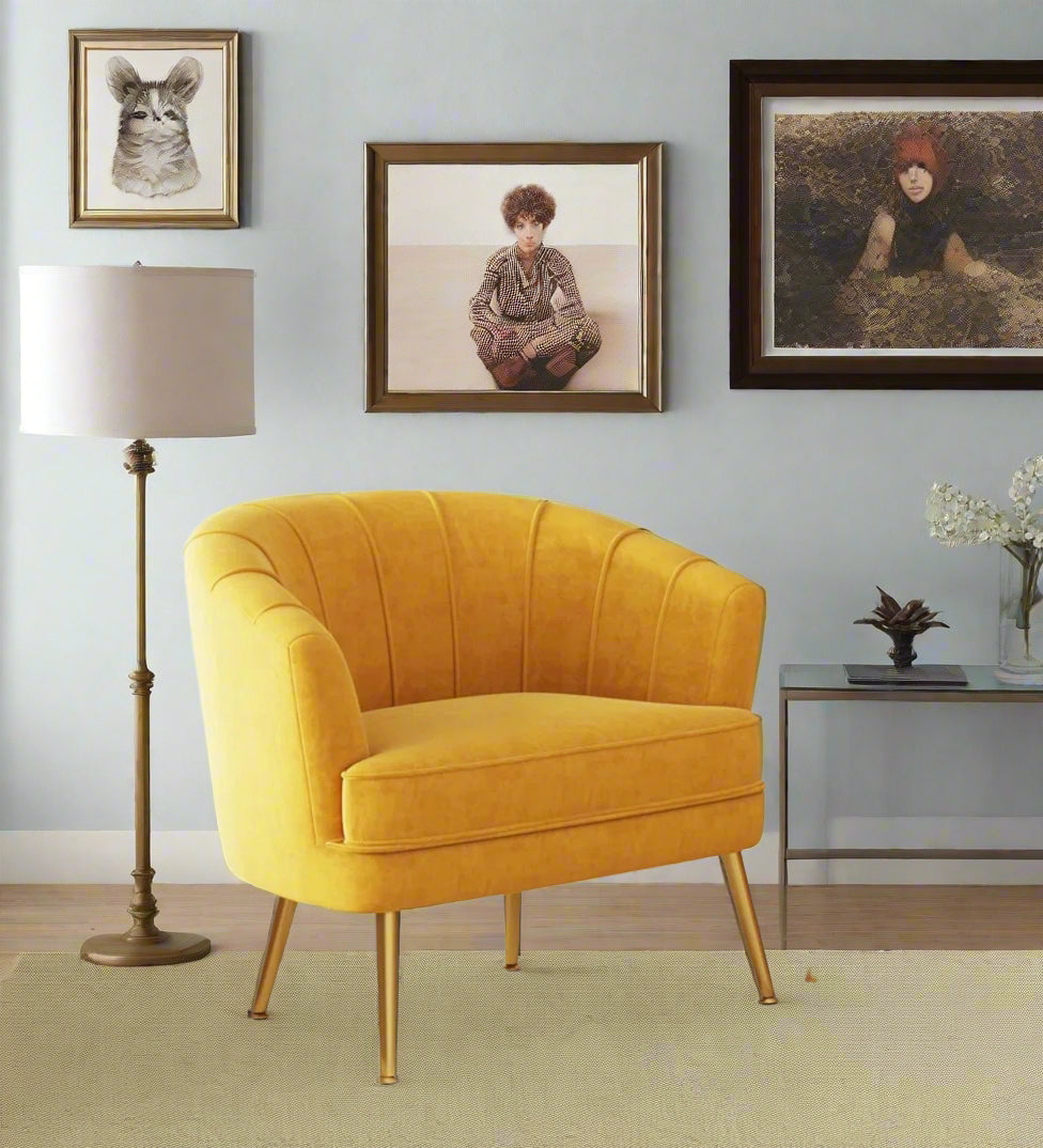 Mellow Velvet Arm Chair In Turmeric Yellow Colour