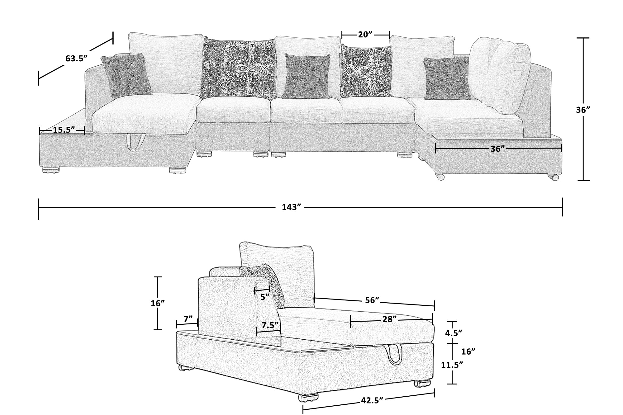 Mabel Fabric 8 Seater LHS Sectional Sofa in Ivory Cream Colour