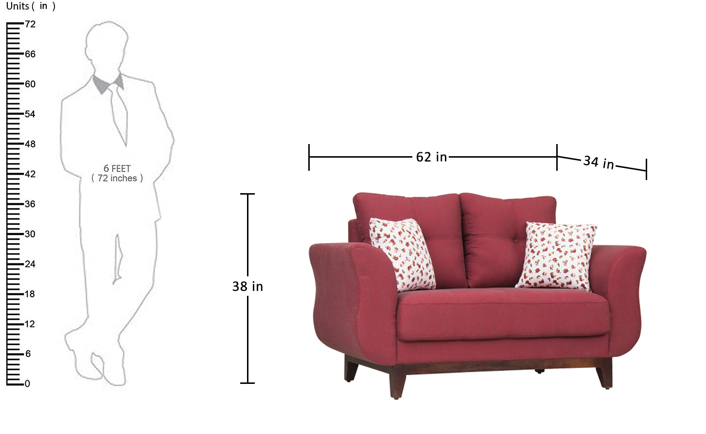 Bola Fabric 2 Seater Sofa In Blaze Red Colour