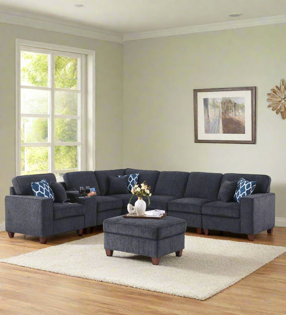 Parna Fabric Corner Sofa With Ottoman In Charcoal Grey Colour