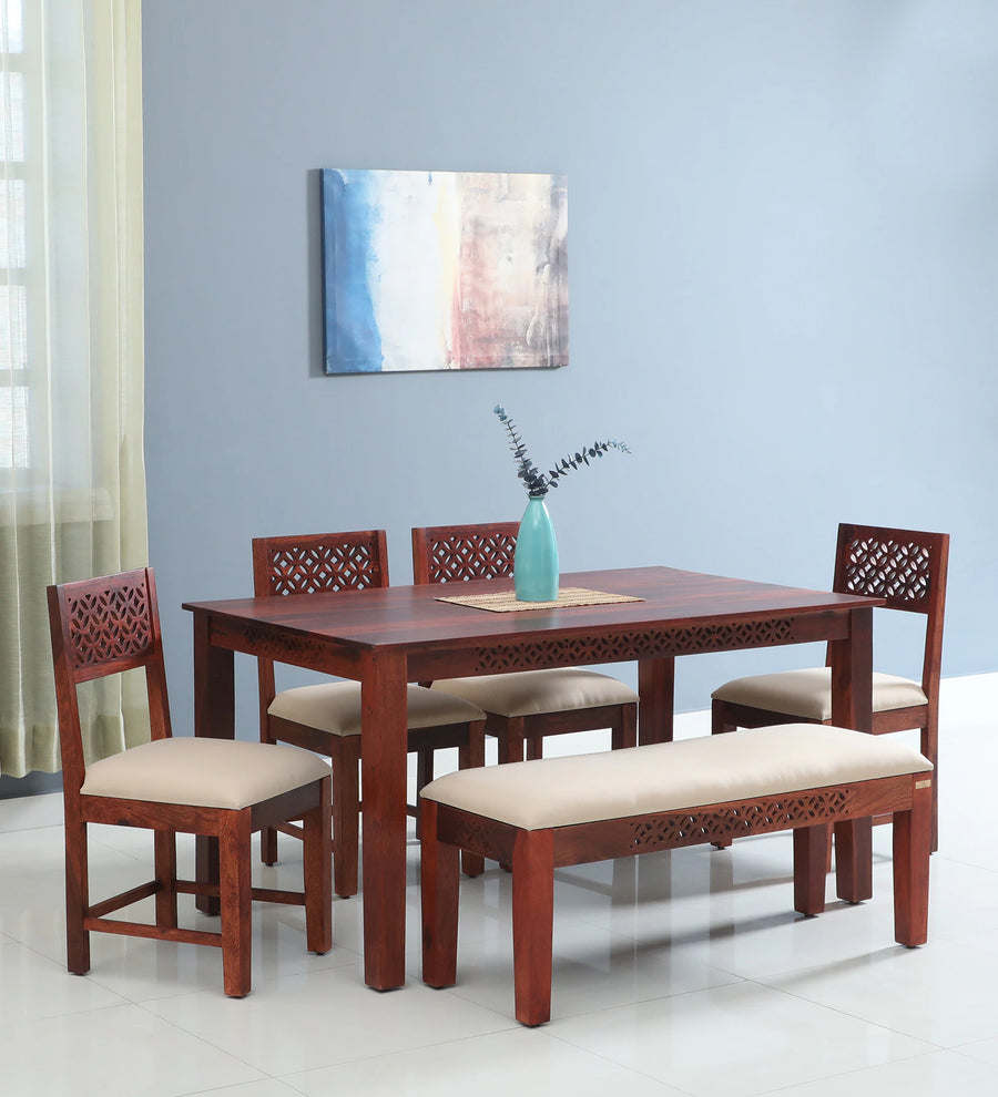 Sahni Sheesham Wood 6 Seater Dining Set In Scratch Resistant Honey Oak Finish With Bench - Febonic Living
