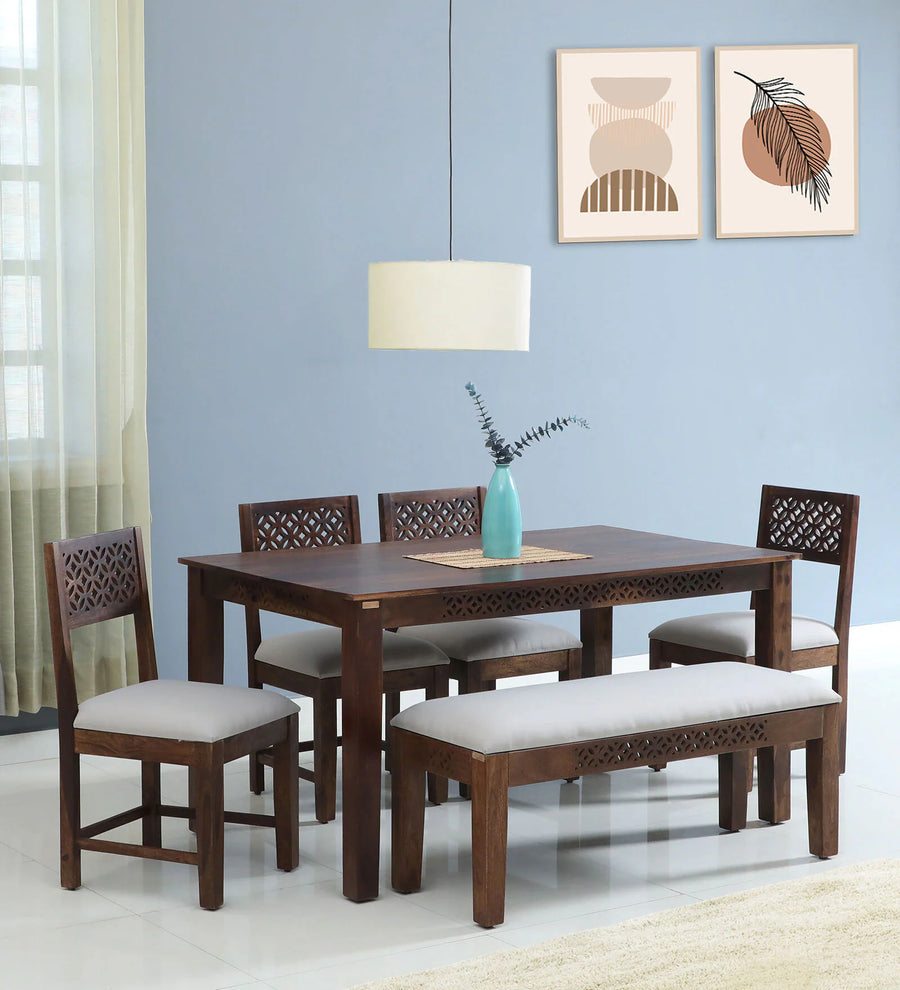 Sahni Sheesham Wood 6 Seater Dining Set In Scratch Resistant Provincial Teak Finish With Bench - Febonic Living