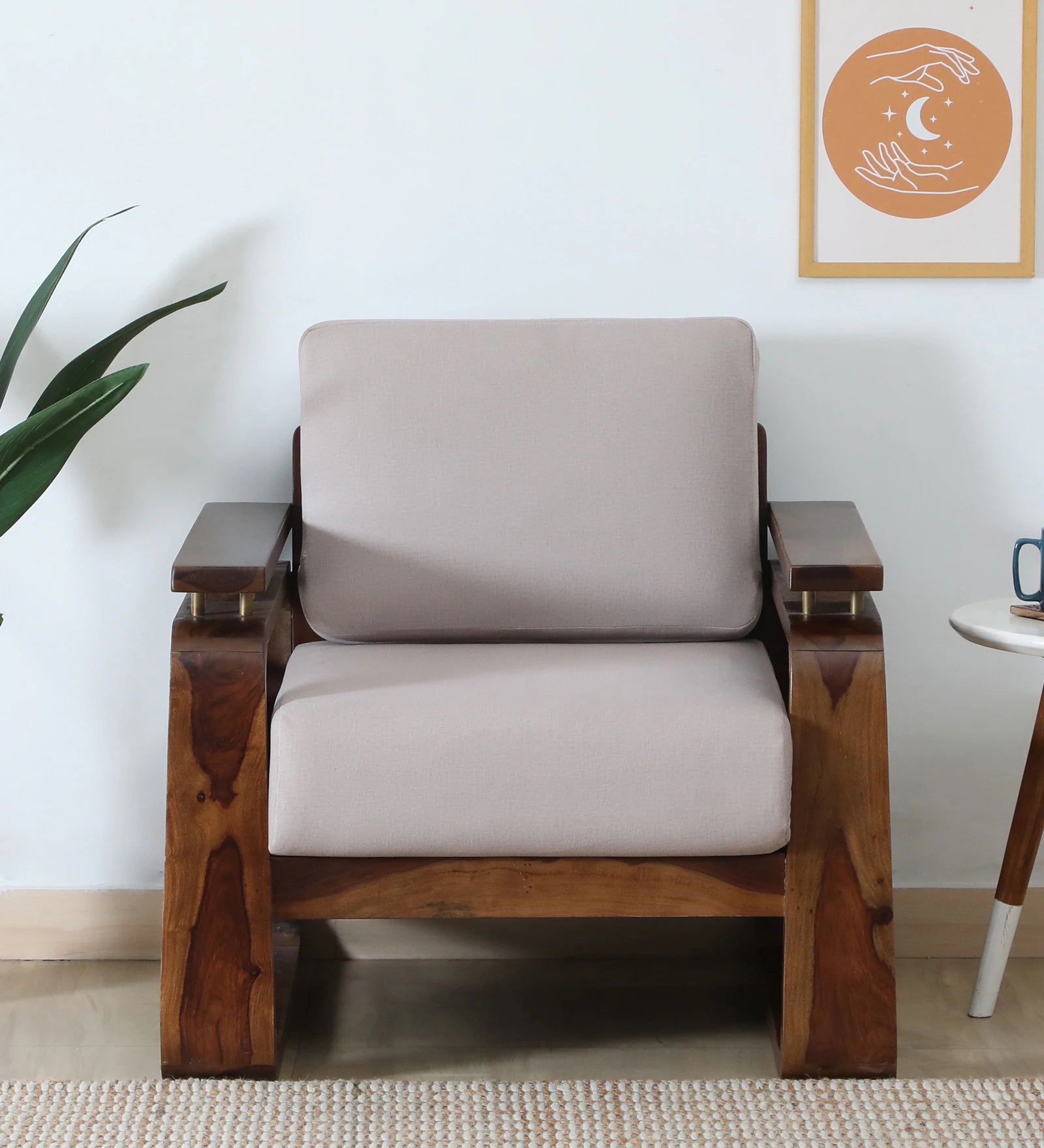 Masim Sheesham Wood 1 Seater Sofa In Beige Colour - Febonic Living
