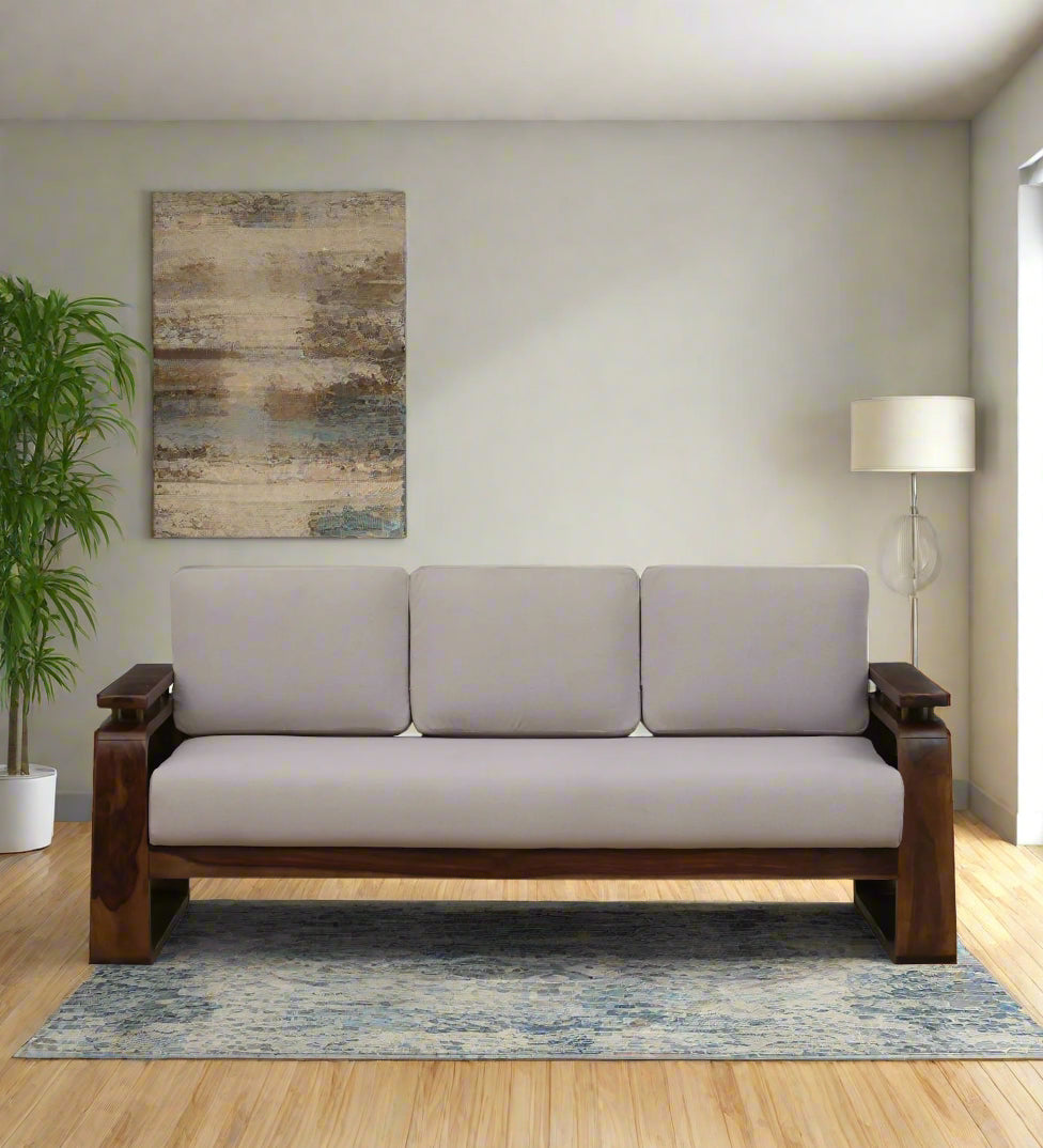 Masim Sheesham Wood 3 Seater Sofa In Beige Colour - Febonic Living