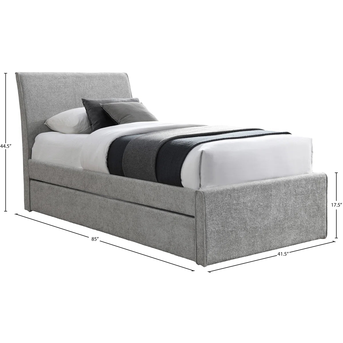 Gray upholstered trundle bed with dimensions on a white background