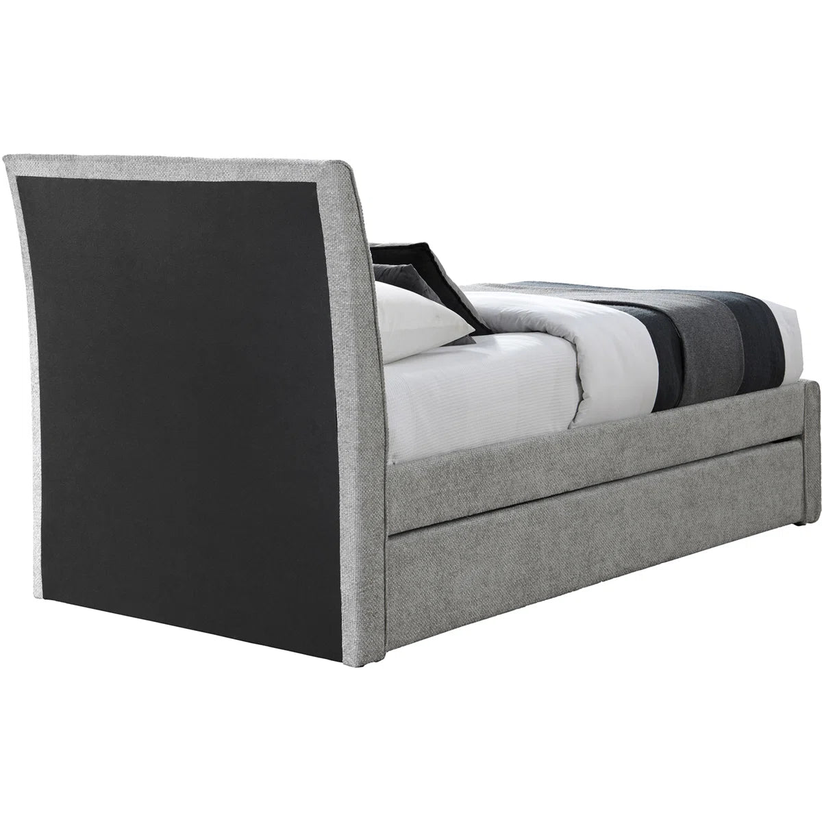 Gray upholstered bed with black headboard on a white background