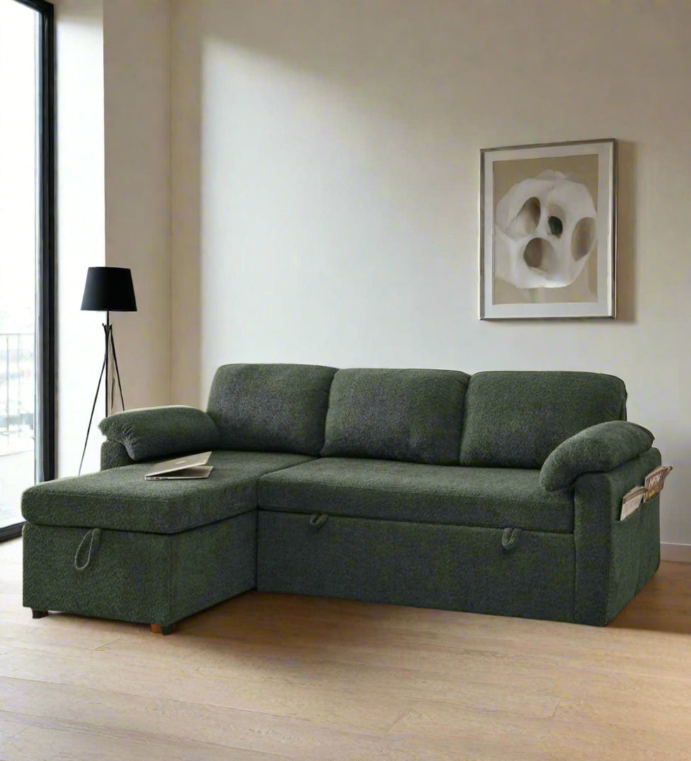 Pintos Fabric 3 Seater Pull Out Sofa Cum Bed In Fern Green Colour With Storage