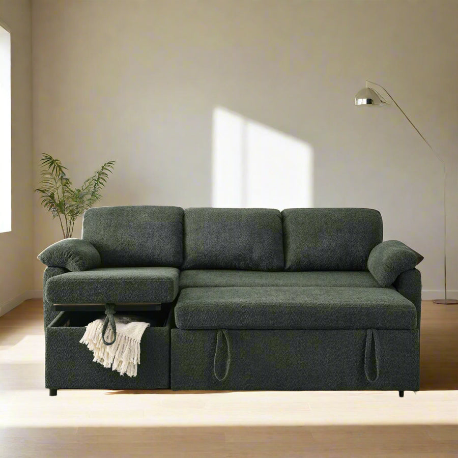 Pintos Fabric 3 Seater Pull Out Sofa Cum Bed In Fern Green Colour With Storage - Febonic Living