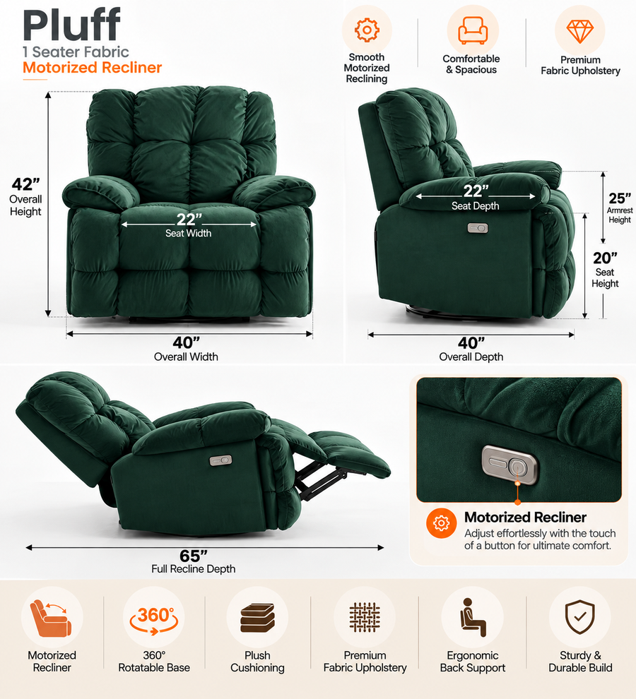Pluff 1 Seater Fabric Motorized Recliner - Forest Green