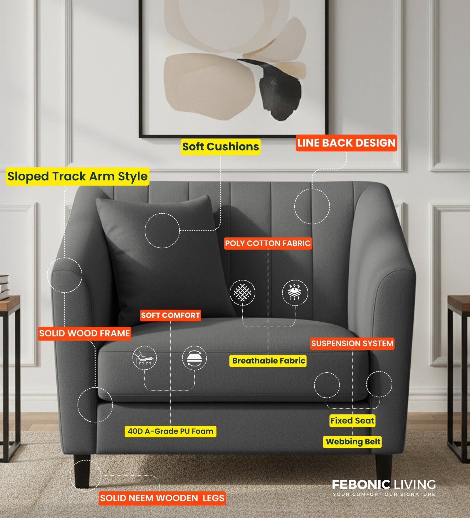 Polon Fabric 1 Seater Sofa In Corn Yellow Colour