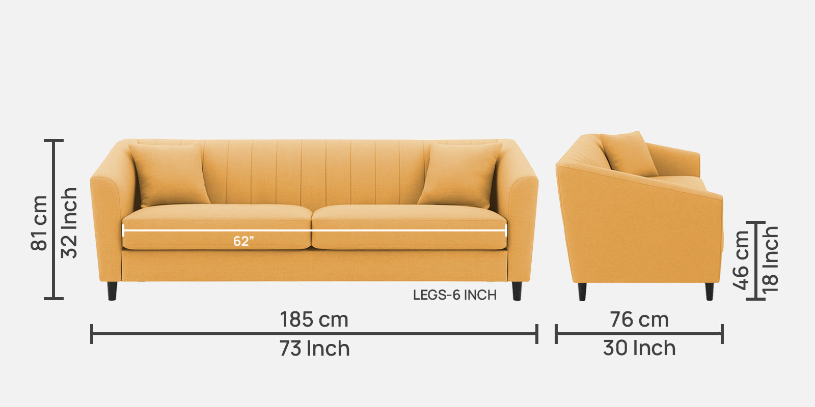 Polon Fabric 3 Seater Sofa In Corn Yellow Colour