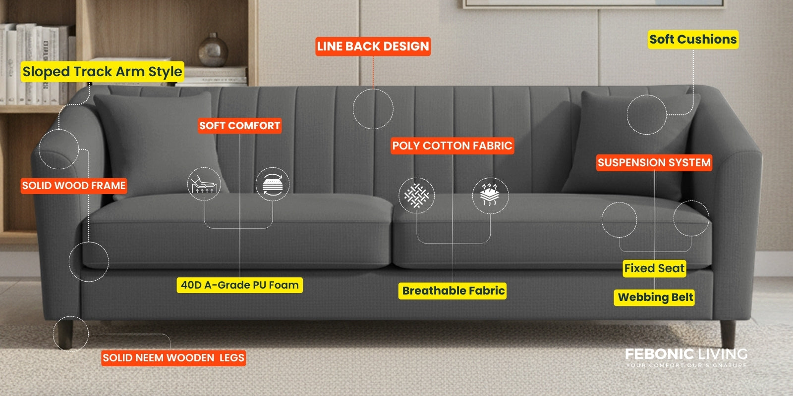Polon Fabric 3 Seater Sofa In Maple Cream Colour
