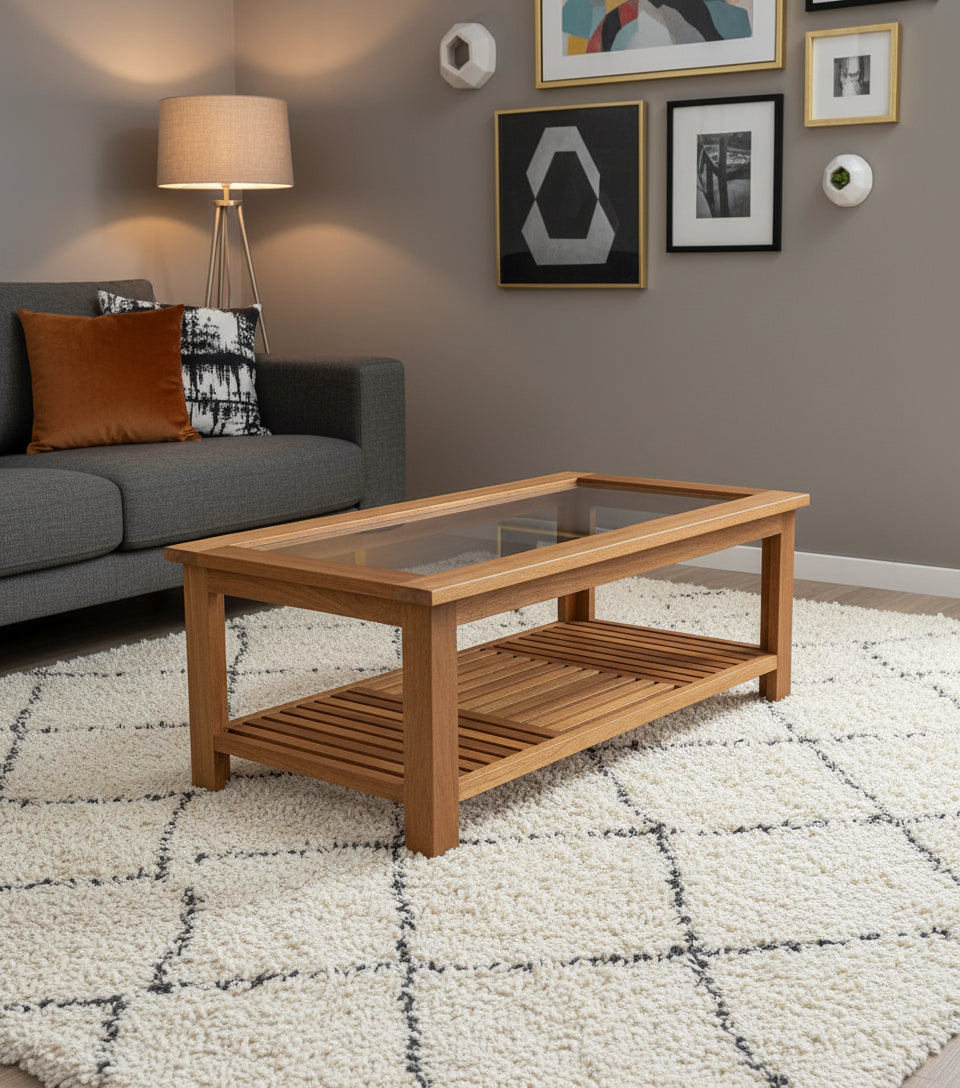 Ponto Rectangular Coffee Table In Amber Walnut Finish With Glass Top