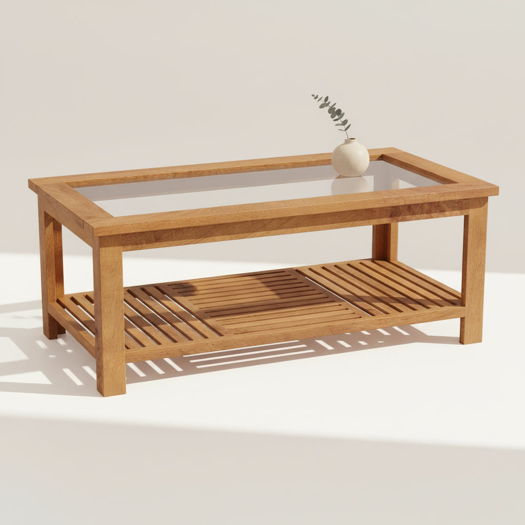 Ponto Rectangular Coffee Table In Amber Walnut Finish With Glass Top
