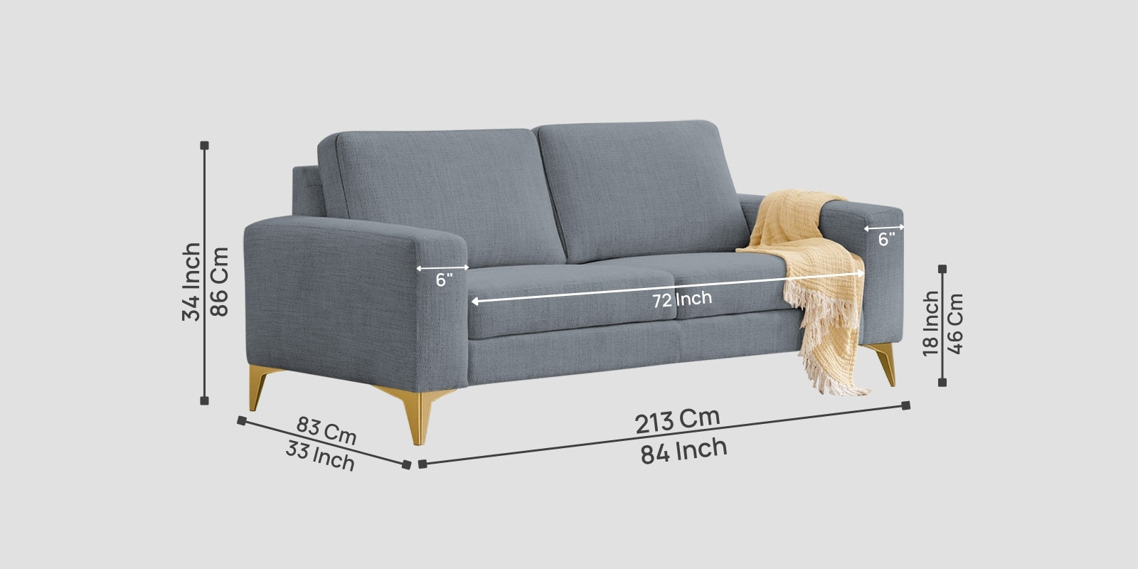 Quba Fabric 3 Seater Sofa In Winter Grey Colour