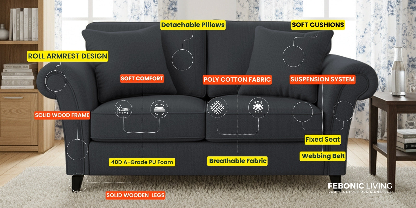 Rana Fabric 2 Seater Sofa In Lit Grey Colour