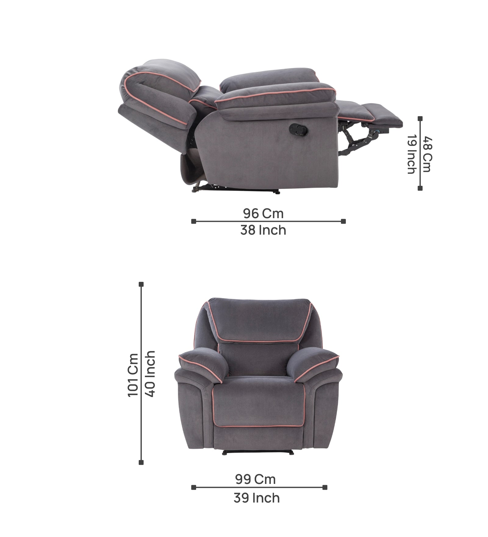 Regina 1 Seater Motorized Velvet Recliner - Davy Grey - Dimensions by Febonic Living