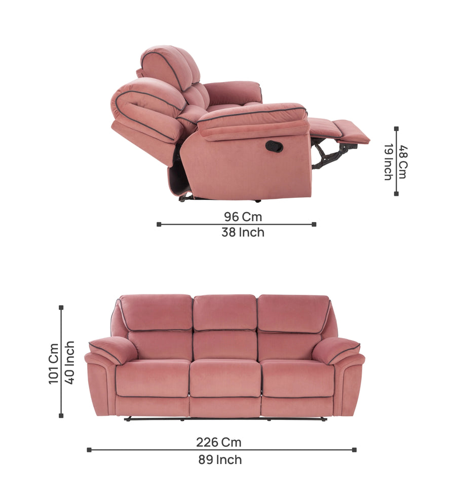 Regina 3 Seater Motorized Velvet Recliner - Blush Pink - Dimensions by Febonic Living