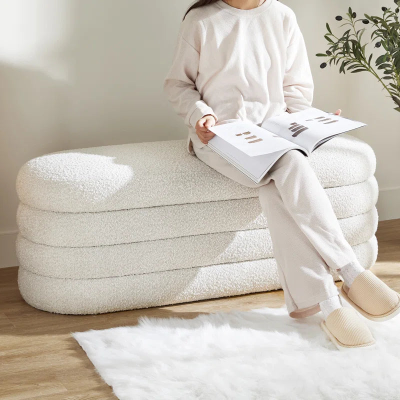 Grandy Boucle Fabric Ottoman In Bright White Colour With Storage - Febonic Living