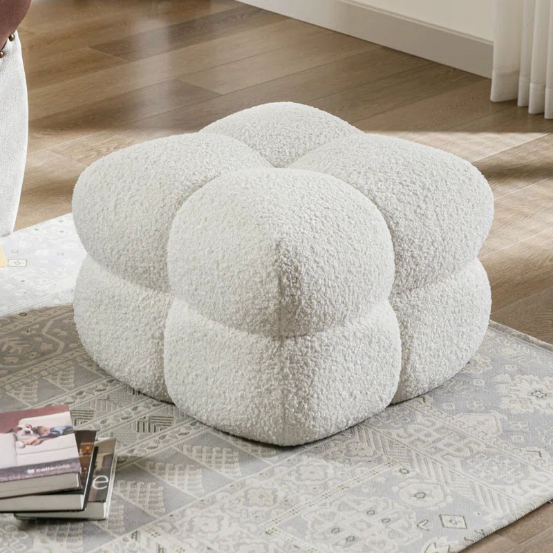 Rober Boucle Fabric Pouffe In Bright White Colour - Febonic Living
