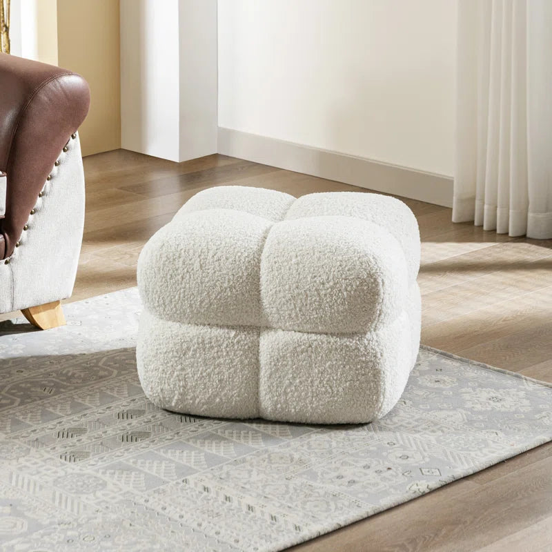 Rober Boucle Fabric Pouffe In Bright White Colour - Febonic Living