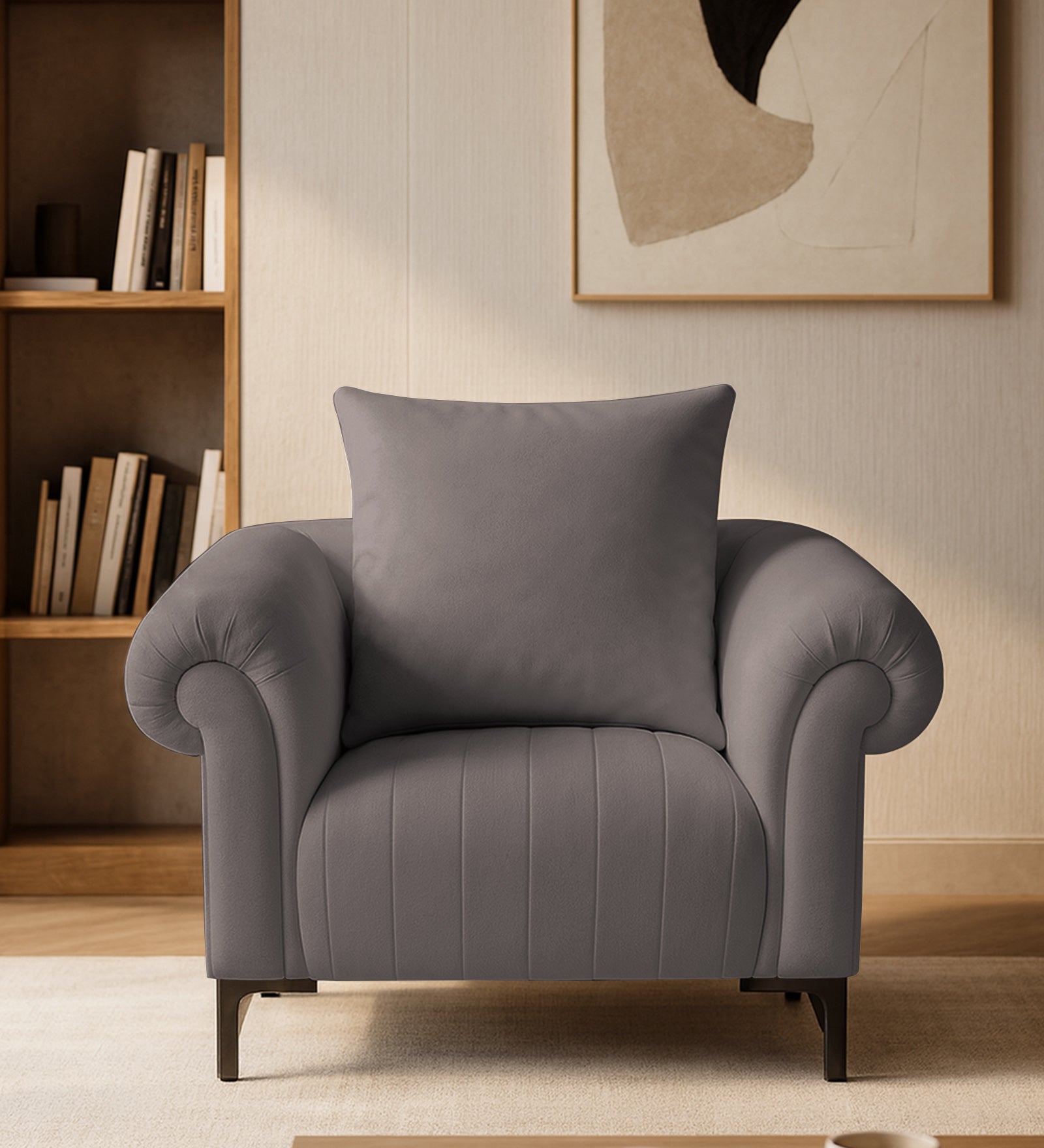 Rocar Fabric 1 Seater Sofa In Silk Grey Colour