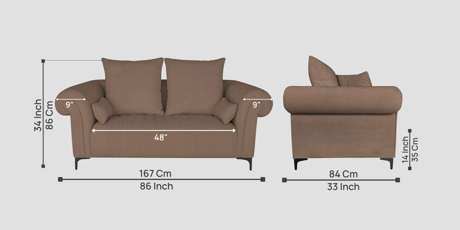Rocar Fabric 2 Seater Sofa In Earthy Beige Colour