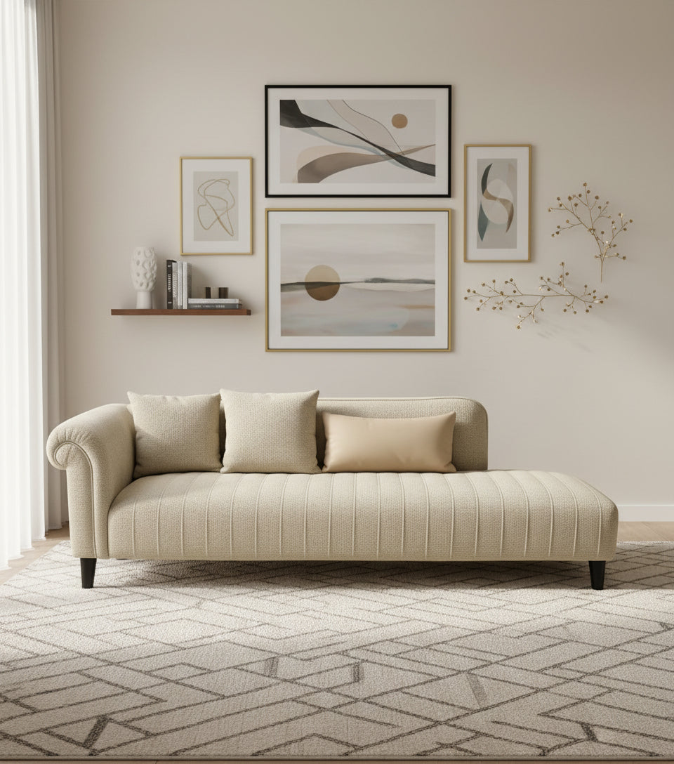 Rocar Fabric 3 Seater Chaise Lounger In Bone Beige Colour