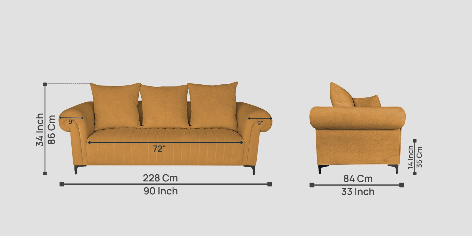 Rocar Fabric 3 Seater Sofa In Lime Yellow Colour
