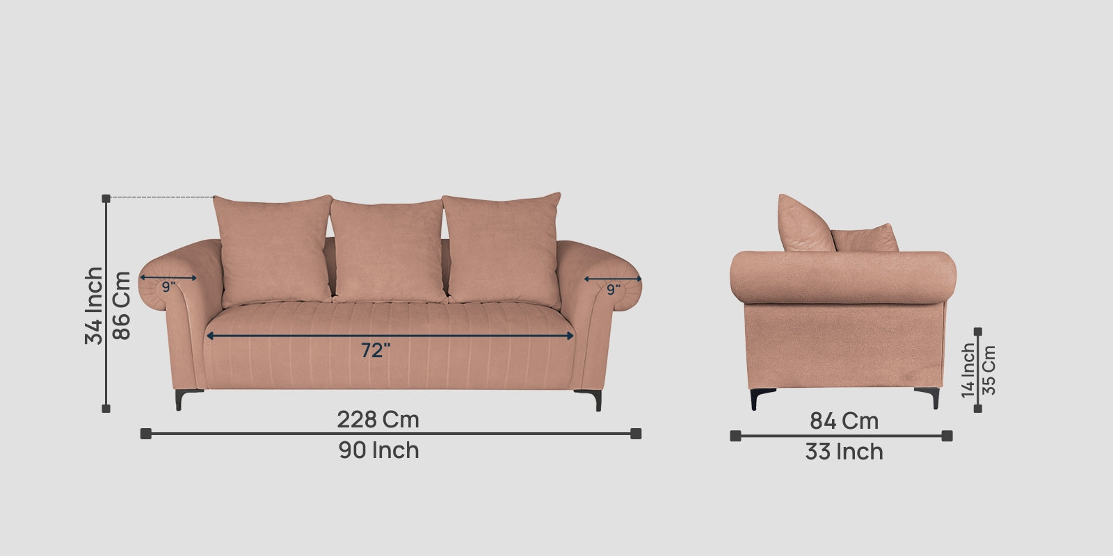 Rocar Fabric 3 Seater Sofa In Maple Pink Colour