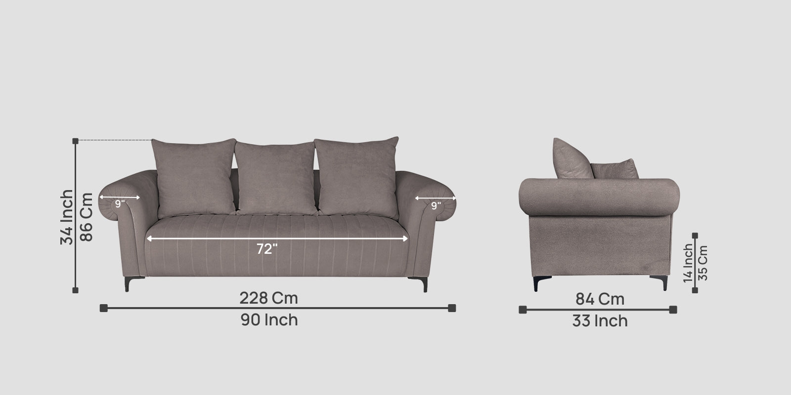 Rocar Fabric 3 Seater Sofa In Silk Grey Colour