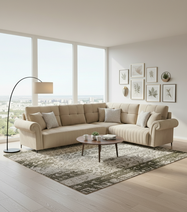 Rocar  6 Seater Corner Fabric Sofa - Butter Beige