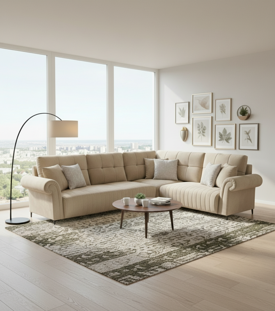 Rocar Fabric 6 Seater Corner Sofa In Butter Beige Colour