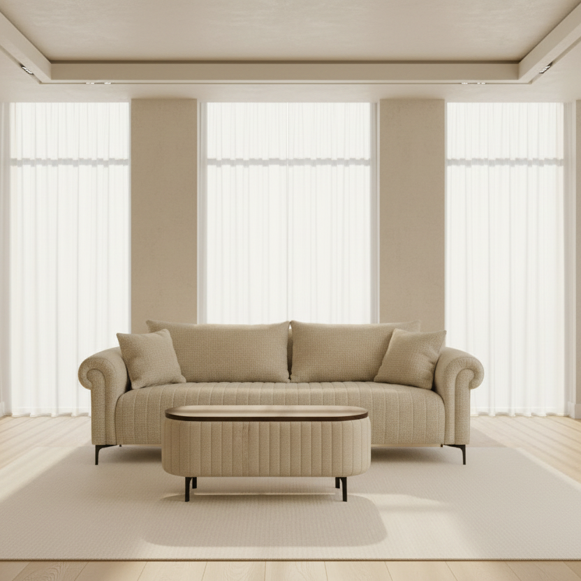 Beige sofa with a matching ottoman in a living room setting.