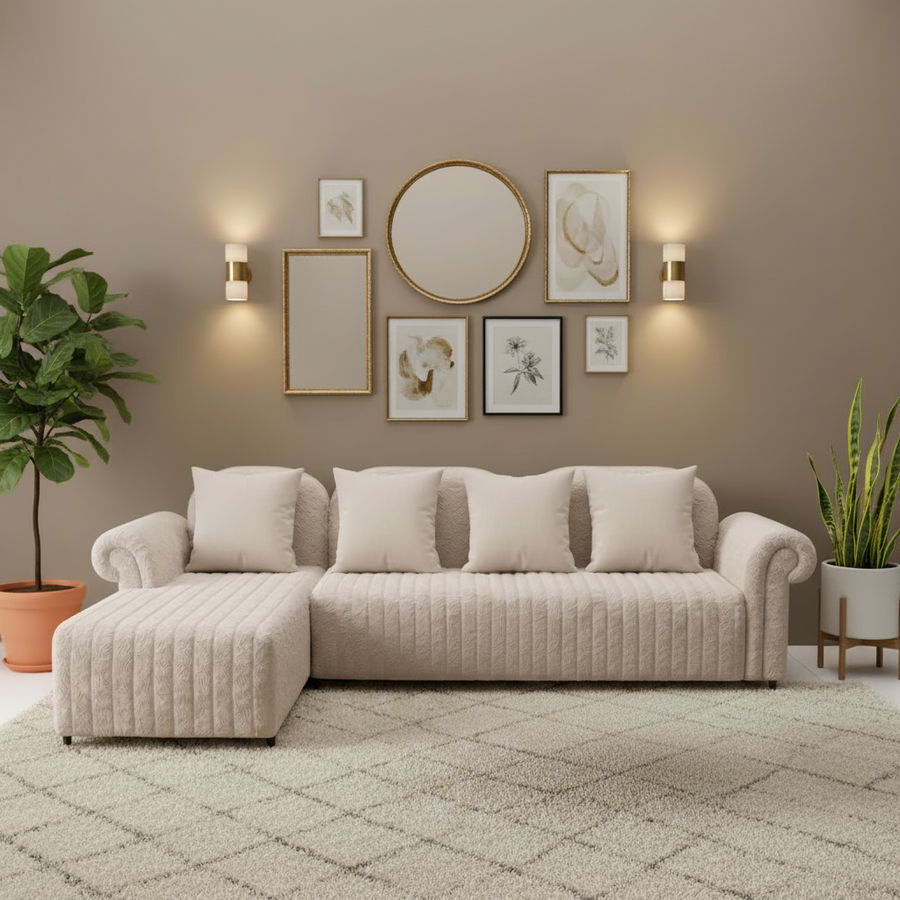 Rocar RHS (3+Lounger) Fabric Sectional Sofa  - Shell White