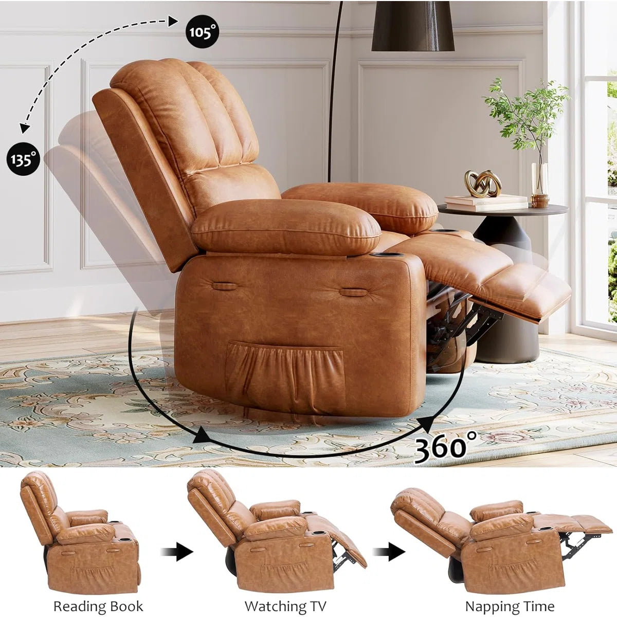 Rootra Leatherette 1 Seater Motorized Recliner In Cinnamon Brown Colour