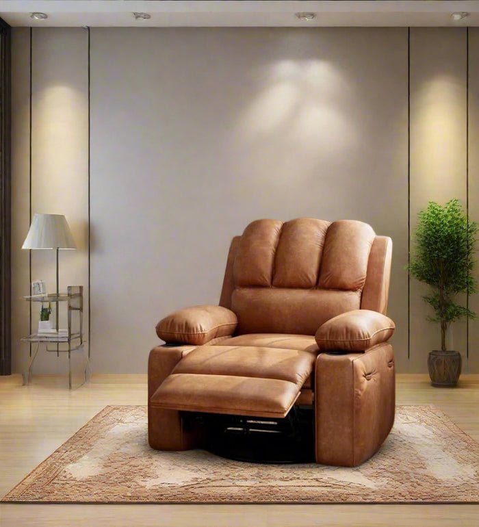 Rootra 1 Seater Motorized Leatherette Recliner - Cinnamon Brown - Living View by Febonic Living