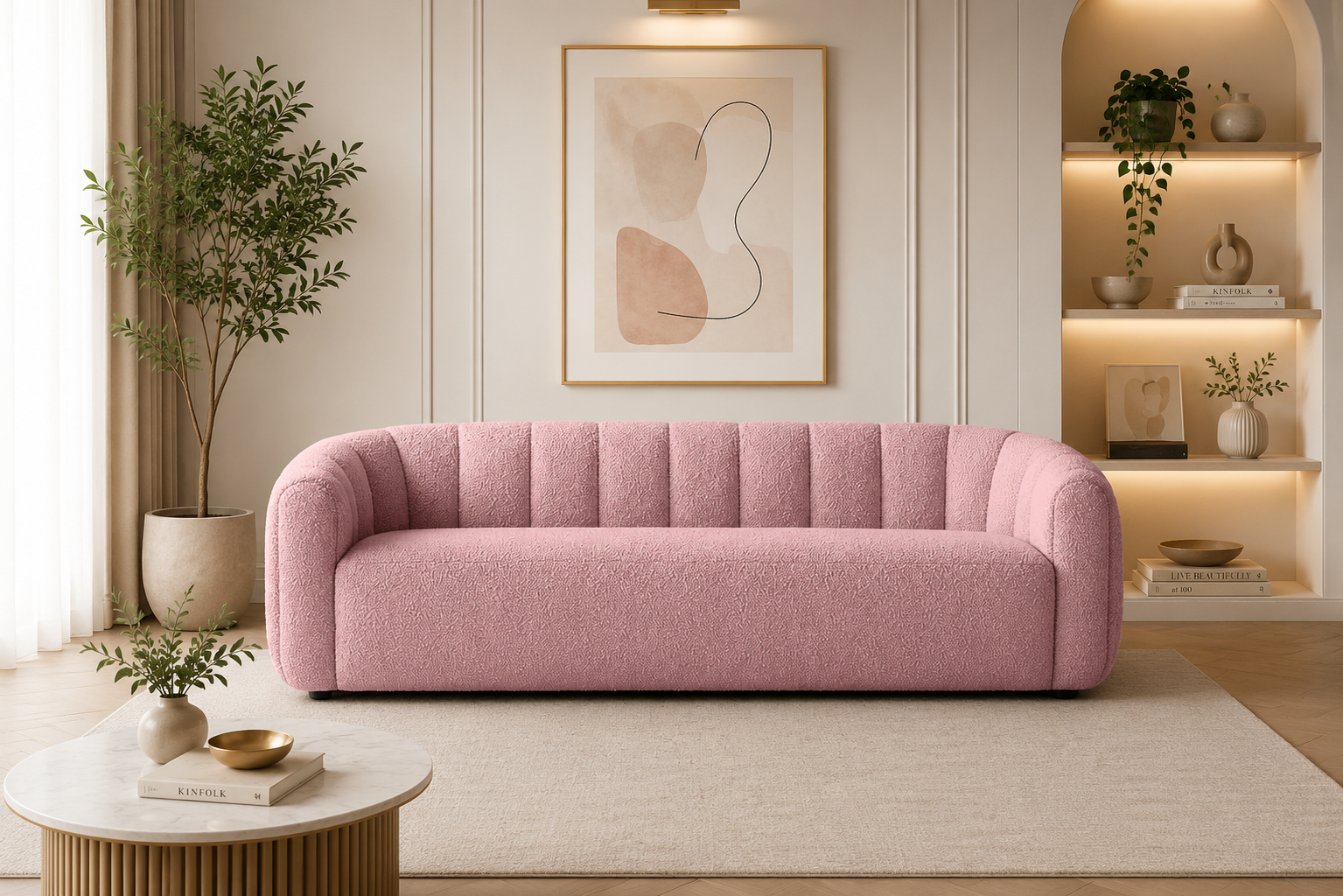 Roselle Curva Bouclé 3 Seater Sofa - Blush Pink - Living View by Febonic Living