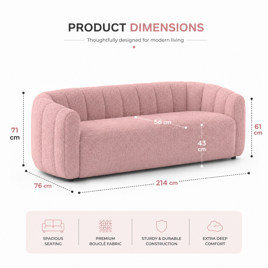 Roselle Curva Bouclé 3 Seater Sofa - Blush Pink - Dimensions by Febonic Living