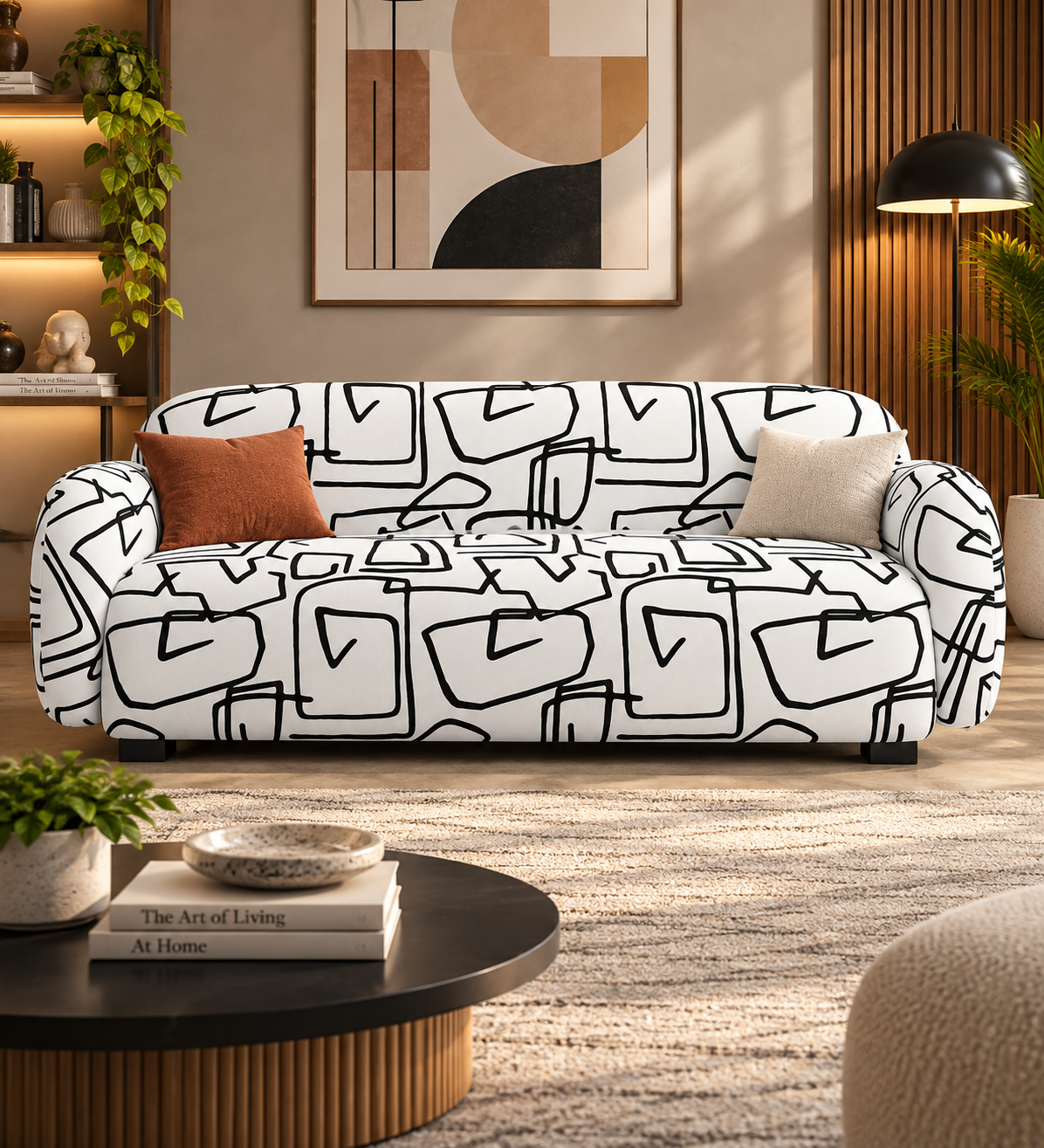 Royale Abstract Linear 3 Seater Sofa In White Colour
