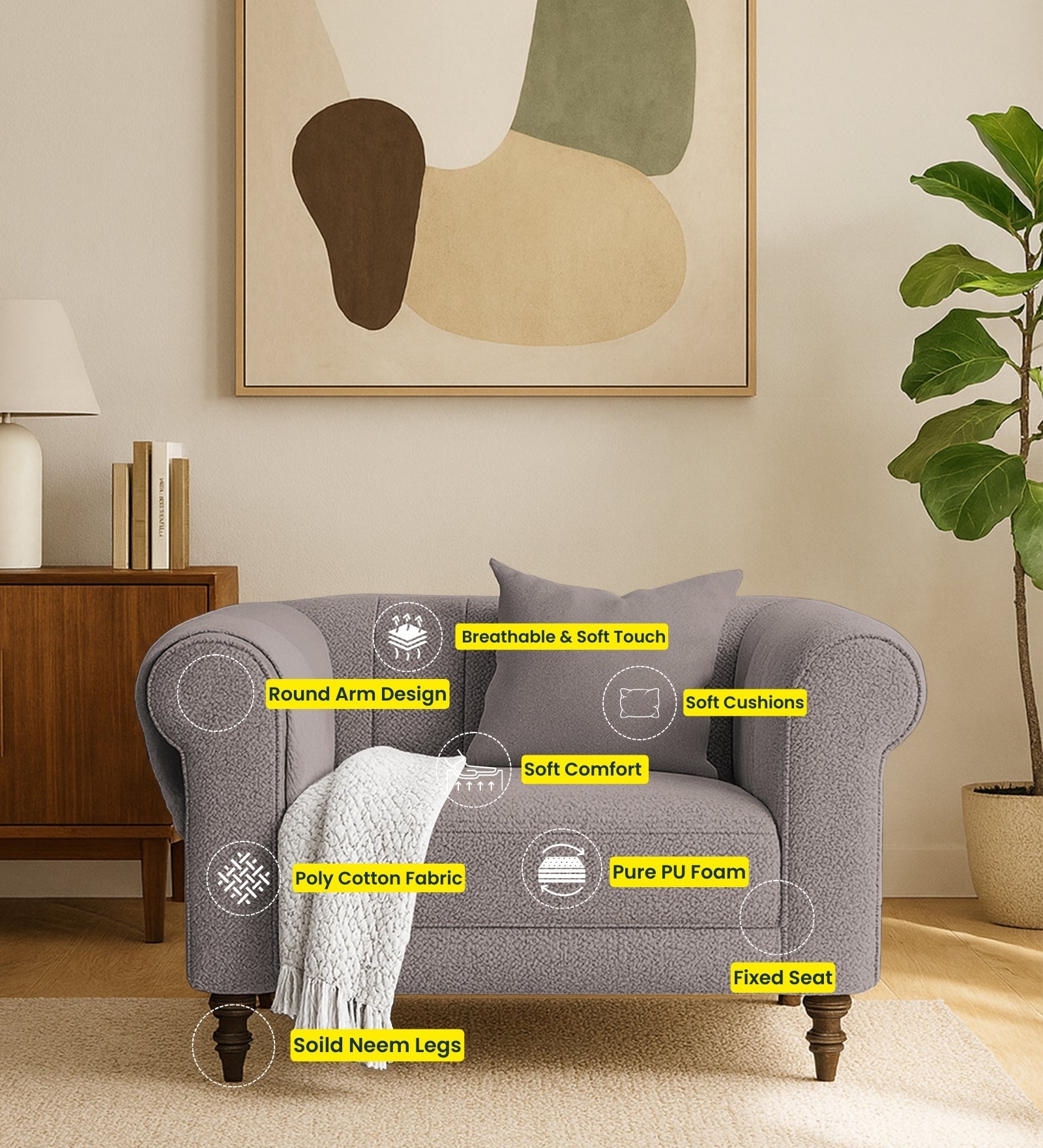 Sahara Fabric 1 Seater Sofa In Earthy Beige Colour