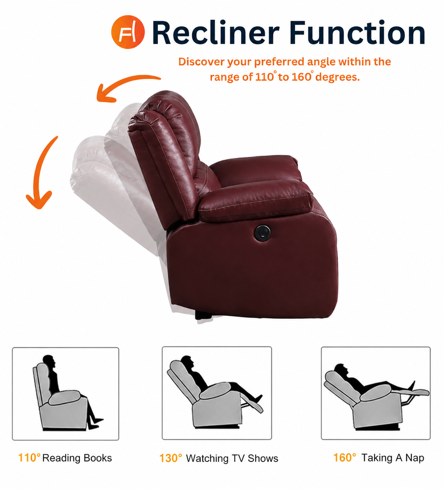 Santo 1 Seater Motorized Leatherette Recliner - Red Maroon - Functions by Febonic Living