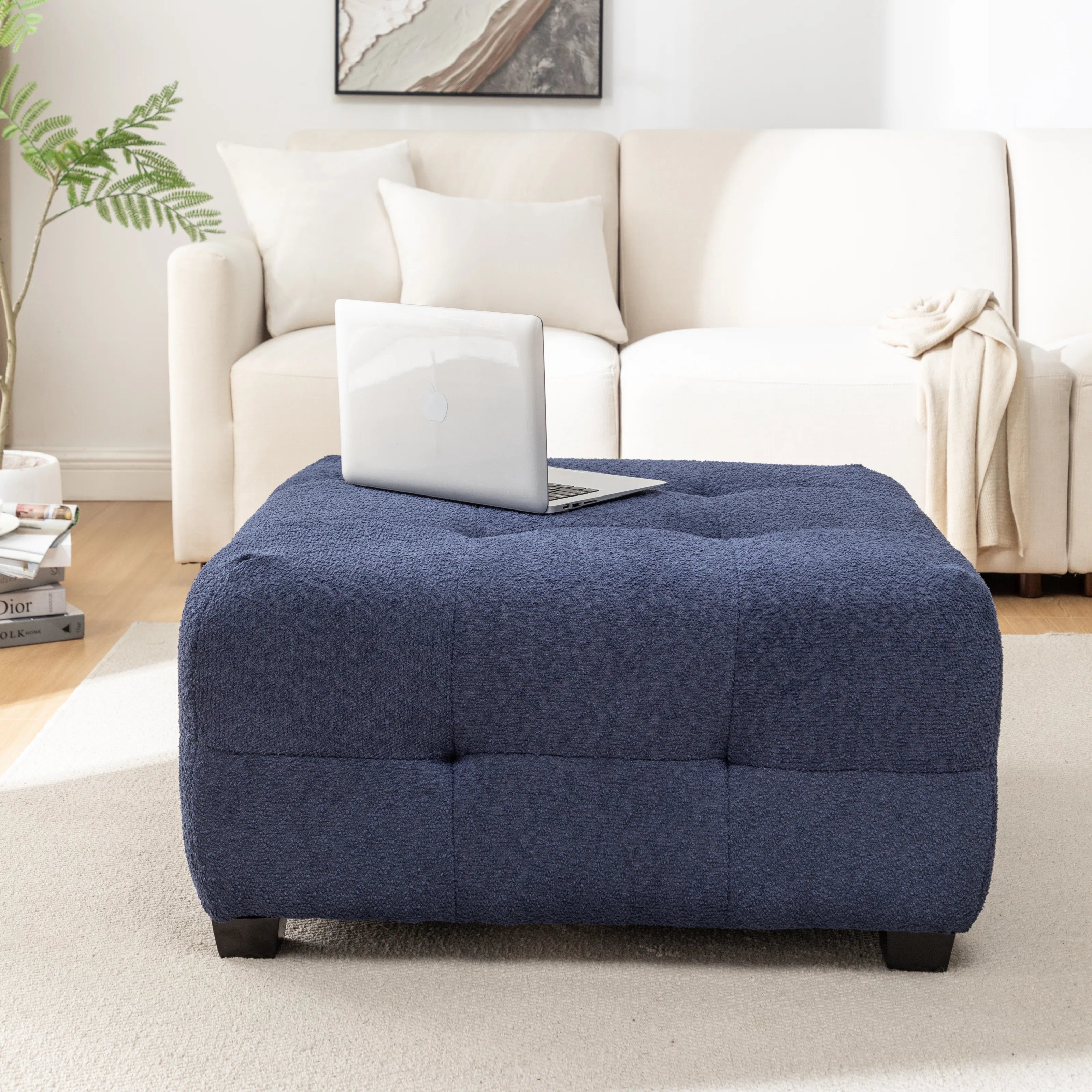 Sapra Boucle Fabric Ottoman In Classic Blue Colour