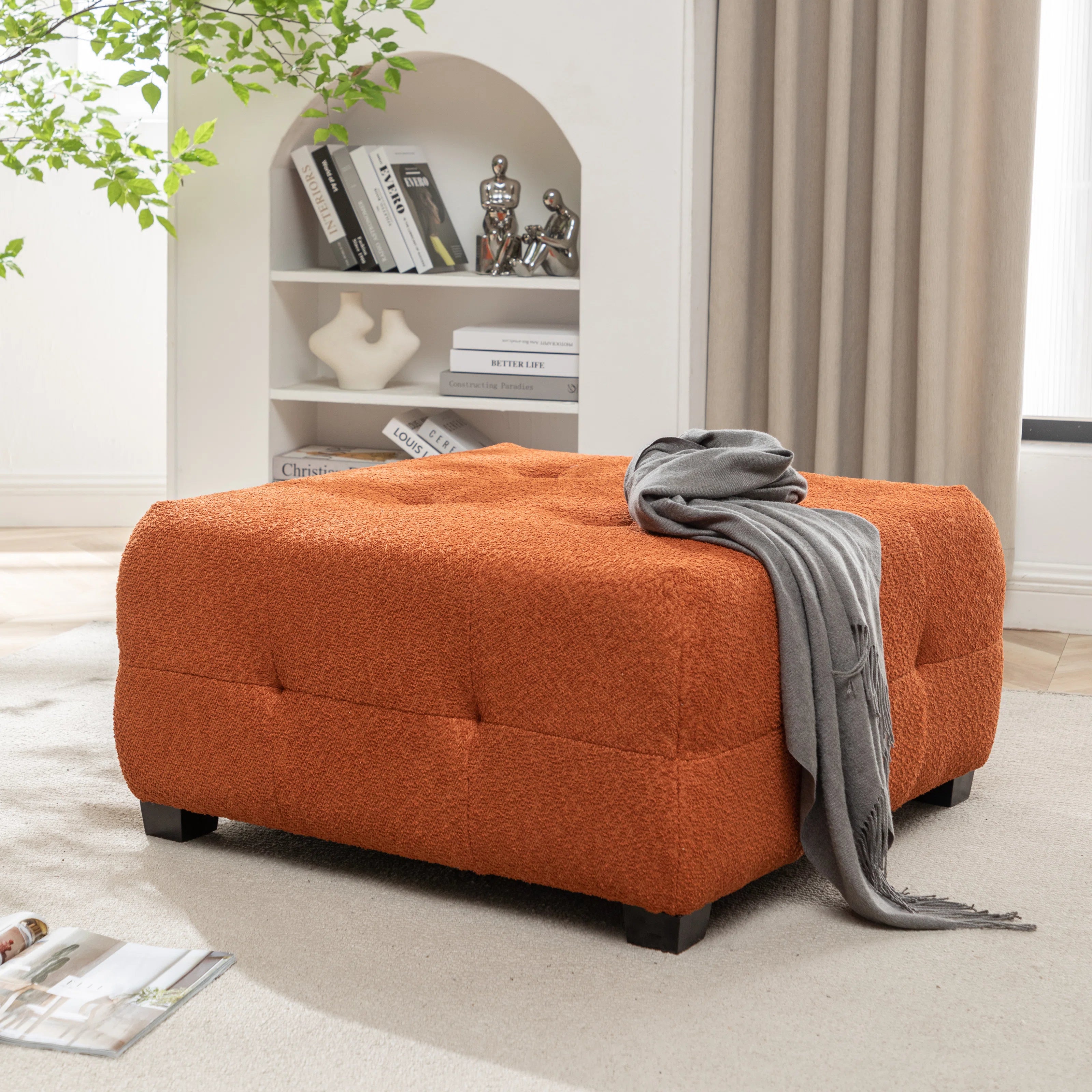 Sapra Boucle Fabric Ottoman In Light Orange Colour