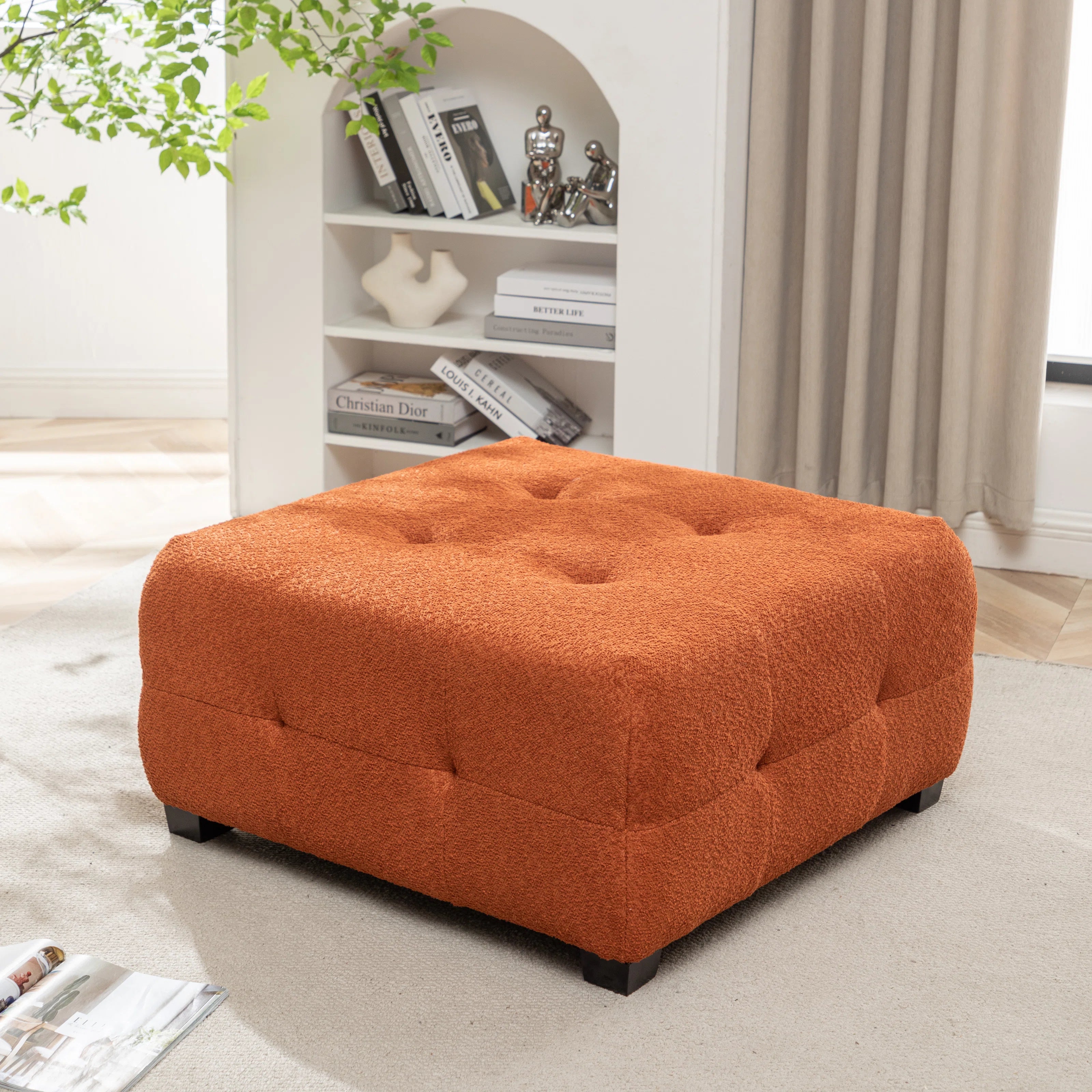 Sapra Boucle Fabric Ottoman In Light Orange Colour