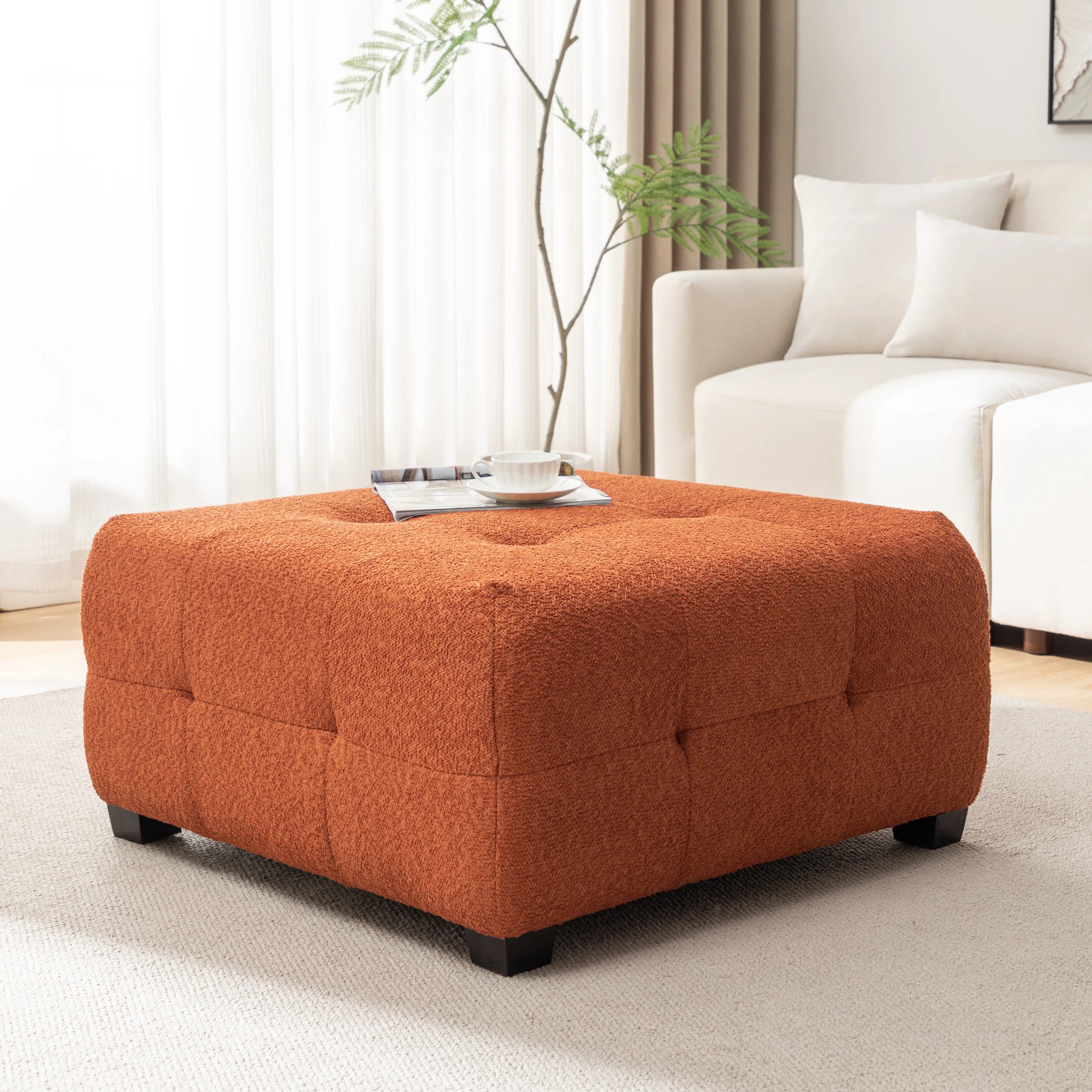 Sapra Boucle Fabric Ottoman In Light Orange Colour