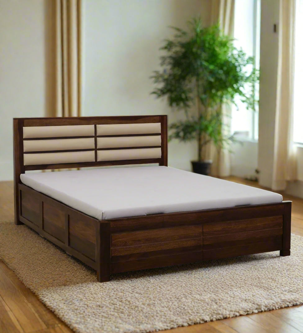 Mejun Sheesham Wood Queen Size Bed In Provincial Teak Finish With Padded Headboard Hydraulic Storage - Febonic Living