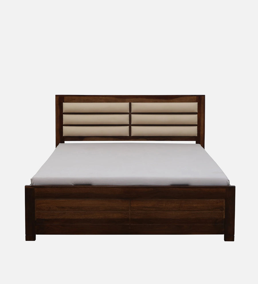 Mejun Sheesham Wood Queen Size Bed In Provincial Teak Finish With Padded Headboard Hydraulic Storage - Febonic Living