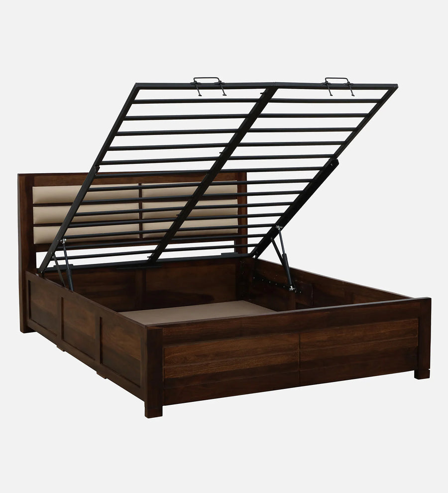 Mejun Sheesham Wood Queen Size Bed In Provincial Teak Finish With Padded Headboard Hydraulic Storage - Febonic Living